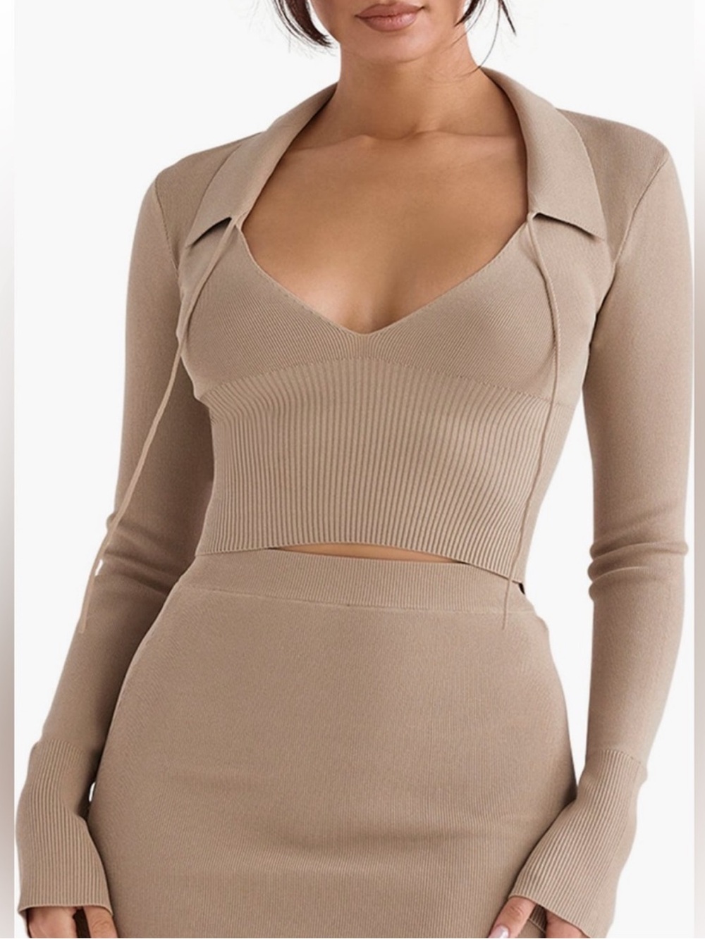 House of CB Tan Cropped Knit Long Sleeve Top
